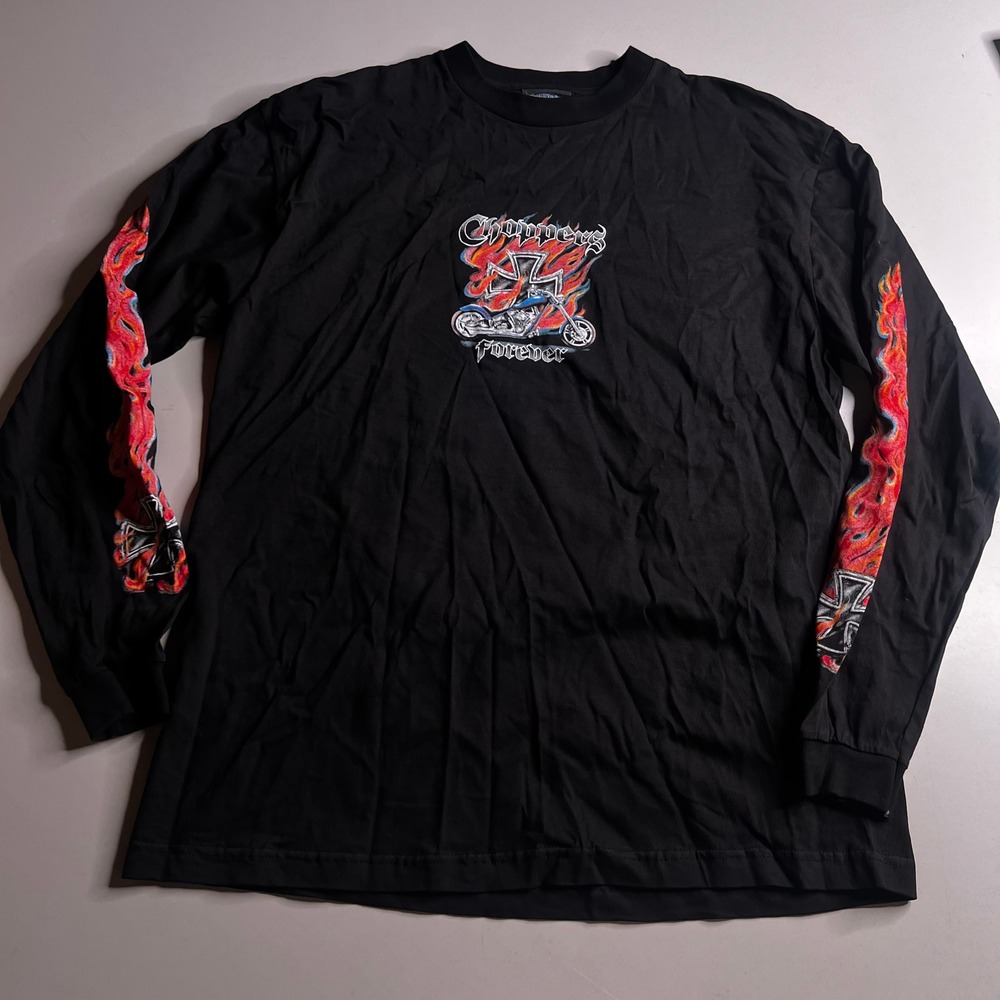 Thunder Sportswear Choppers Forever Long Sleeve Biker T-Shirt Black Large Flames